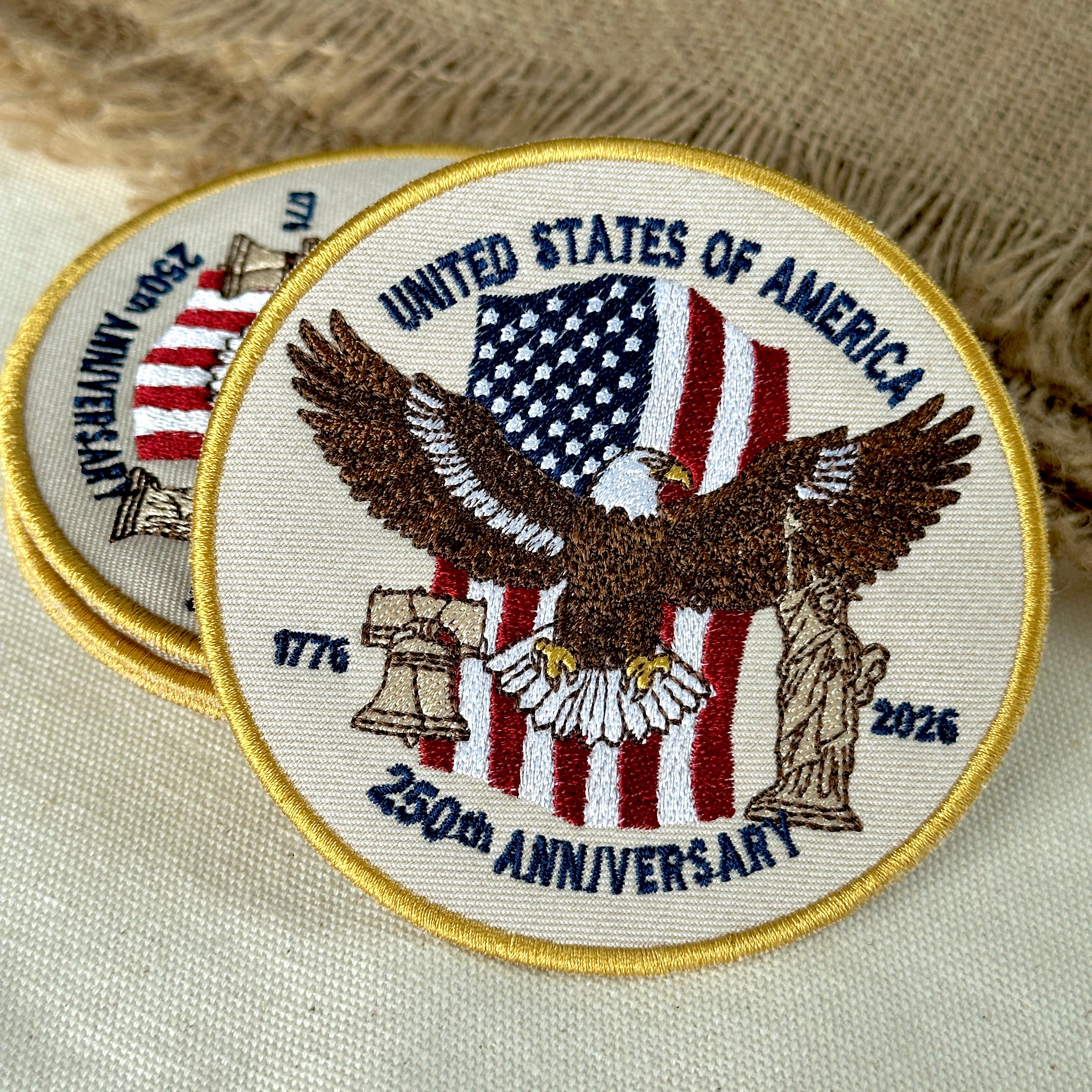 250th Anniversary USA Eagle Patch – American Flag, Liberty Bell & Statue of Liberty Embroidered Design